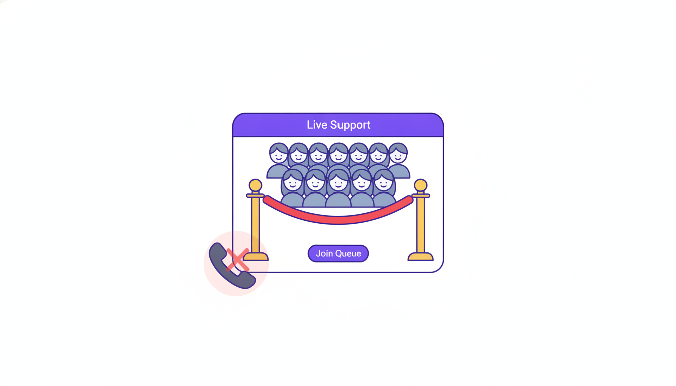 Clean flat-vector illustration of a small live-chat widget window overflowing with ten tiny person-icon avatars crammed inside behind a velvet rope barrier, while a phone handset icon sits just outside, unlit and unable to get in