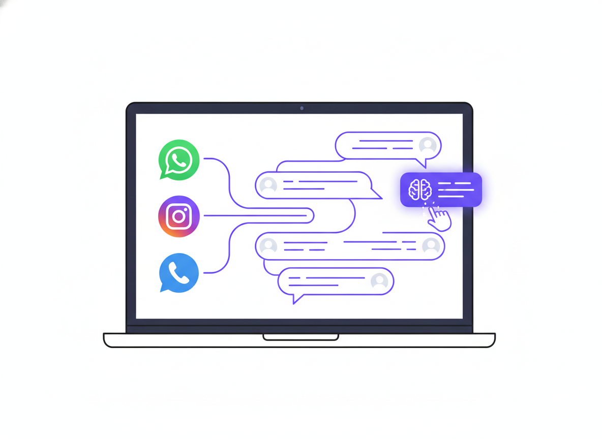 Flat vector illustration of a unified inbox merging WhatsApp, Instagram, and phone call conversations into a single stream, with an AI co-pilot suggestion appearing beside a human agent's cursor