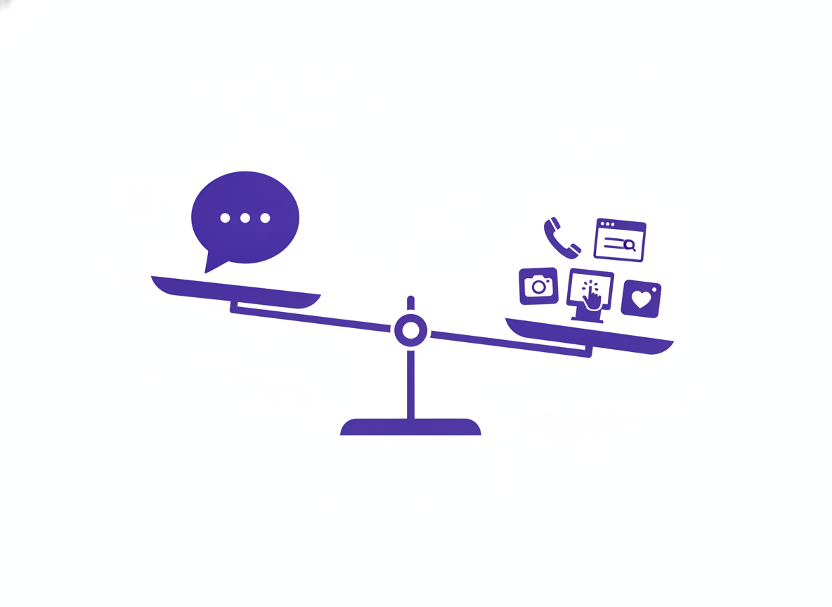 A balance scale weighing one chat bubble against a cluster of voice, web, and social icons