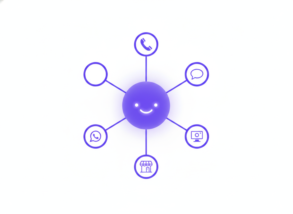 Flat vector illustration of one central AI agent icon with conversation lines branching out to a phone handset, a chat bubble, a WhatsApp-style icon, an Instagram-style camera icon, and a small kiosk screen, arranged in a circle