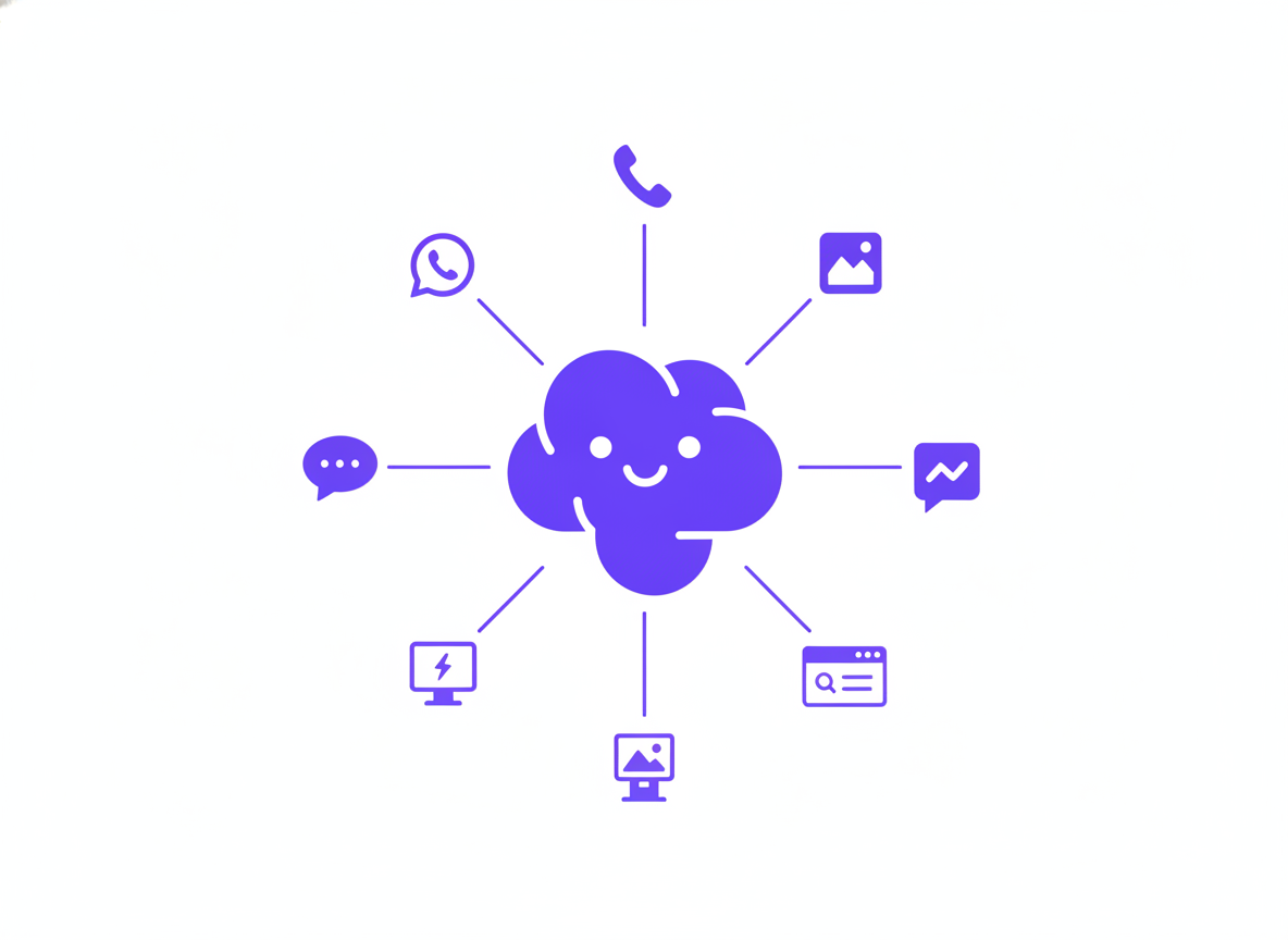 Flat vector illustration of a single AI agent hub connected to six channel icons: phone, WhatsApp-style chat, Instagram-style camera, Messenger-style bubble, a kiosk screen, and a web browser window