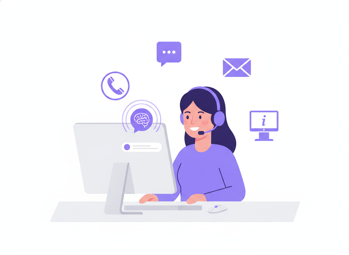 Flat vector illustration of a support agent working alongside a glowing AI co-pilot icon, with omnichannel icons for phone, chat, messaging, and kiosk support floating nearby