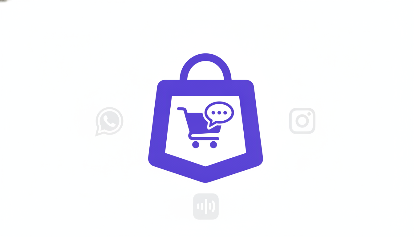 Clean flat-vector illustration of a shopping cart merging into a chat bubble inside a small fenced enclosure, with faded WhatsApp, Instagram, and phone icons sitting just outside the fence, unable to connect