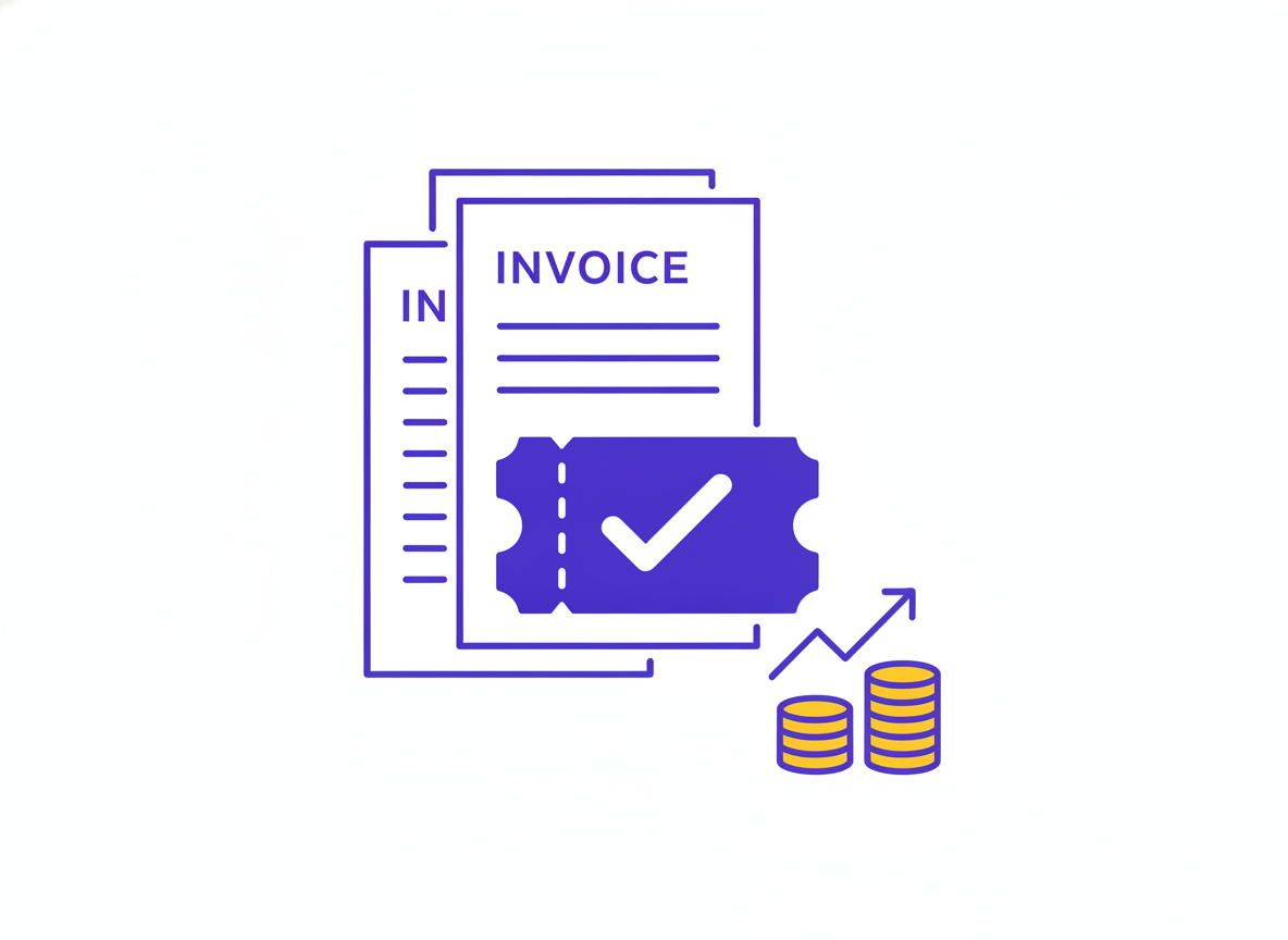 Clean flat-vector illustration of a single checkmark ticket icon casting two overlapping invoice receipt icons behind it like a double shadow, with a small rising line and coin stack beside it