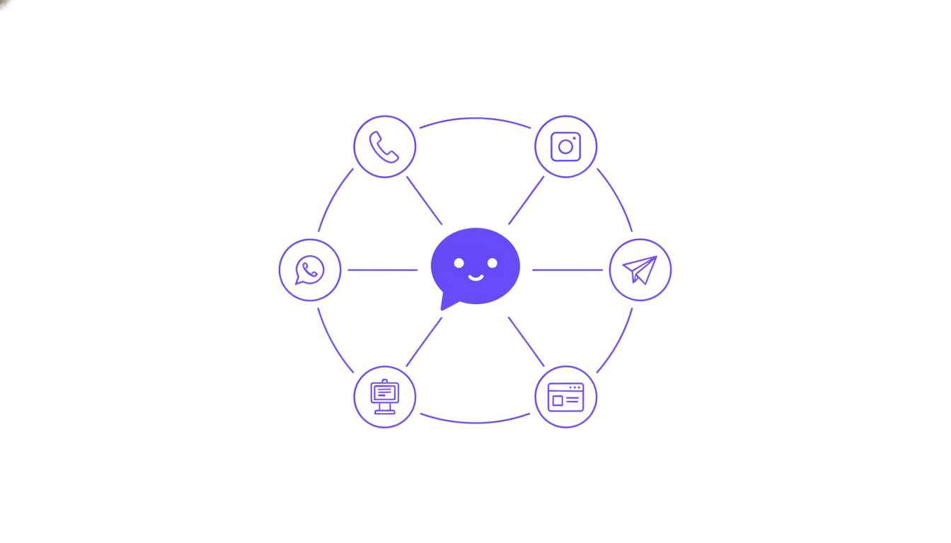 Flat vector illustration of a single central AI agent icon radiating six thin connector lines out to six small channel icons arranged in a circle: a phone handset, a WhatsApp-style speech bubble, a camera icon, a messenger arrow icon, a small kiosk stand, and a browser window