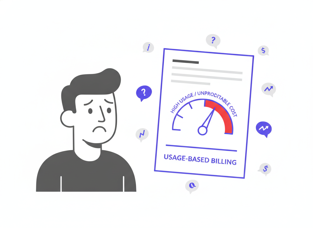 Flat vector illustration of a person looking concerned at a floating invoice with a speedometer-style meter dial climbing toward a red zone