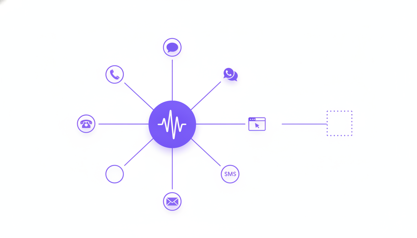 Clean flat-vector illustration of a central voice waveform icon radiating lines to phone, chat, WhatsApp, browser, and SMS icons, with one line pointing to an empty dotted placeholder icon representing a missing channel