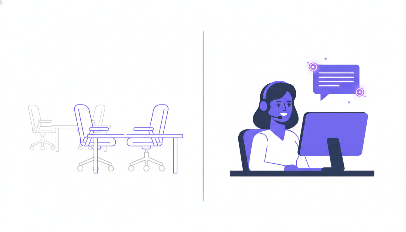 Flat vector illustration contrasting an empty, abandoned call-center desk with a confident support agent working alongside a glowing AI co-pilot speech bubble