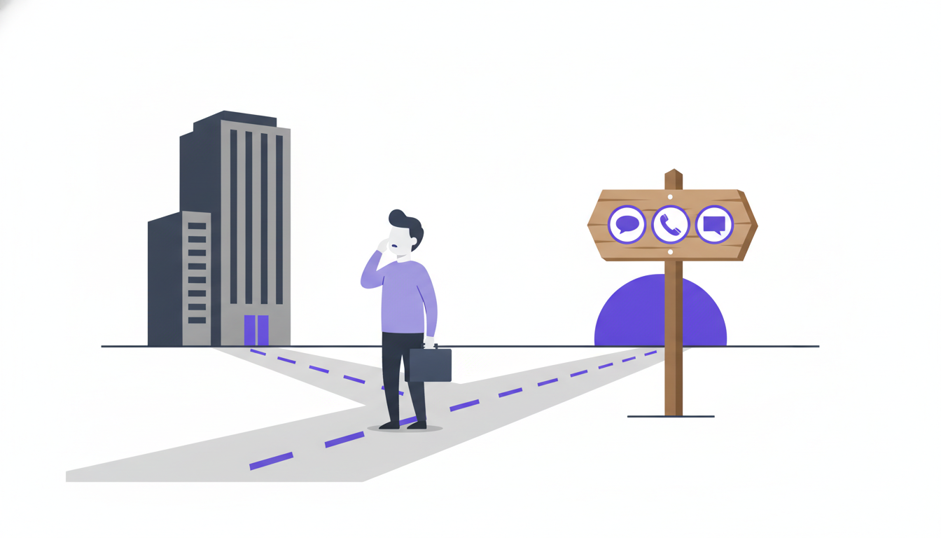 A small business owner at a fork in the road between a large corporate platform and a nimble connected alternative