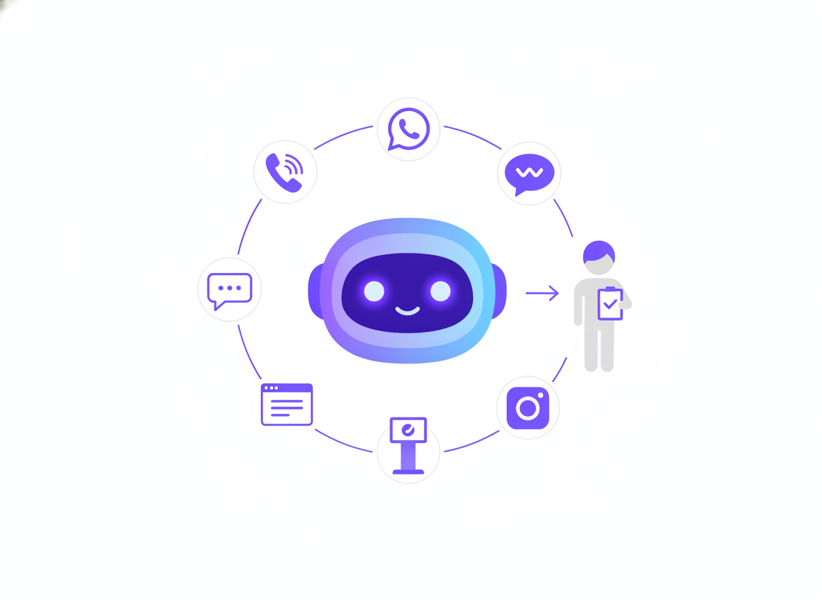 Flat vector illustration of a central AI agent icon connected to voice, WhatsApp, Instagram, chat, and kiosk channel icons, with a human support agent standing by to take over with full context