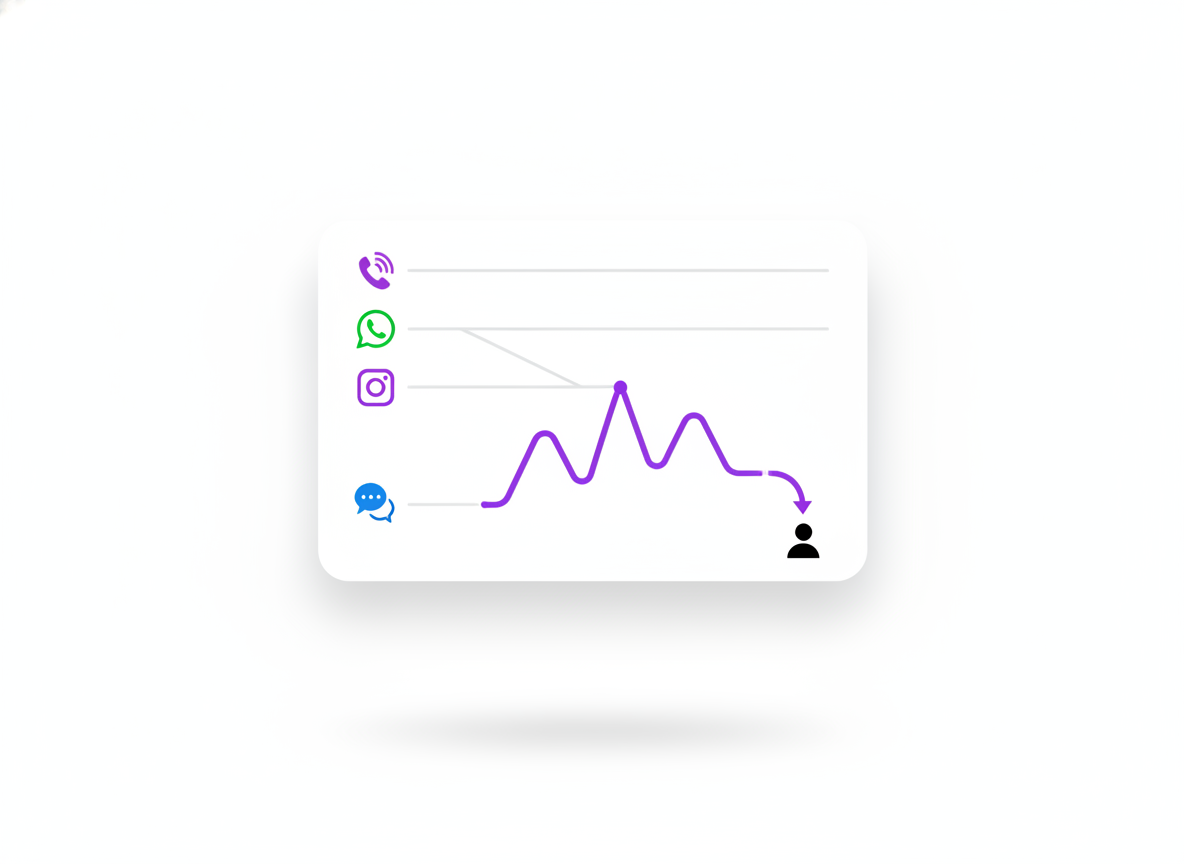 Clean flat-vector illustration of a unified inbox dashboard card with conversation rows for phone, WhatsApp, Instagram, and web chat all feeding into one thread, with a human agent icon taking over via a handoff arrow