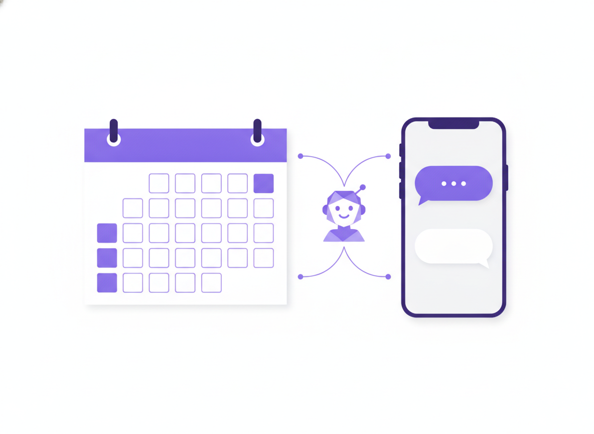 A six-week countdown calendar next to a WhatsApp-style order update, connected by an AI agent