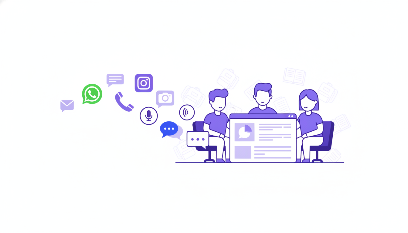 A support team calmly handling a wave of WhatsApp, Instagram, voice, and chat messages during the back-to-school rush