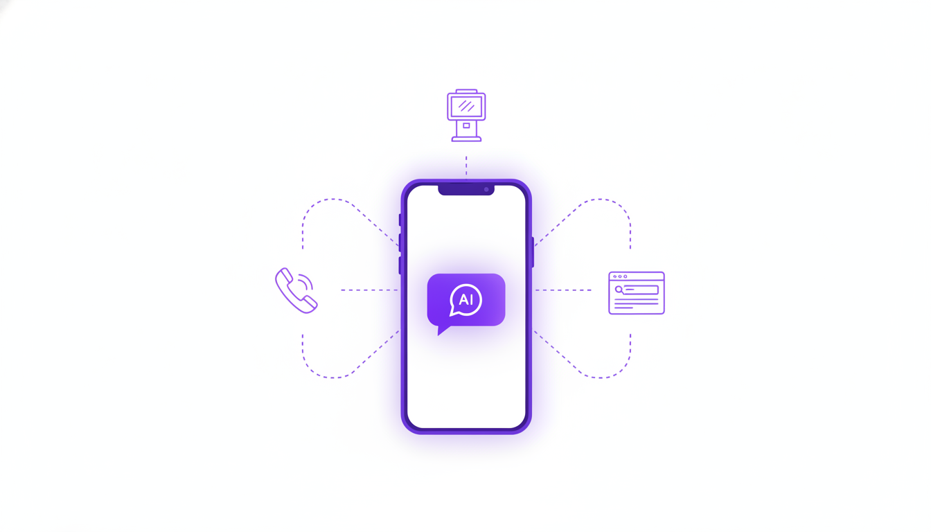 A smartphone with a single AI chat bubble connected to separate voice, web, and kiosk icons outside the phone